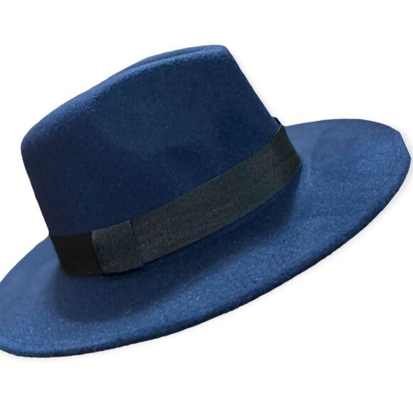 Navy Blue Stiff Wide Brim Teardrop Crown Black Hat Band Panama Fedora Hat NEW